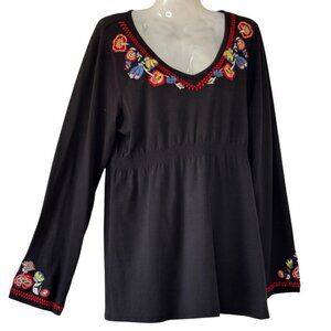 Cynthia Rowley Y2K Babydoll Stretch Tunic Empire Waist Black with Embroidery Med